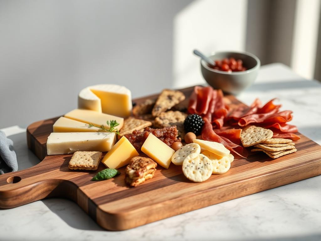 A wooden grazing board with cheese, cured meats and crackers