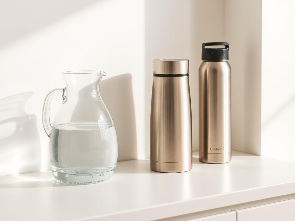 A glass water jug beside a thermos jug and insulated bottle