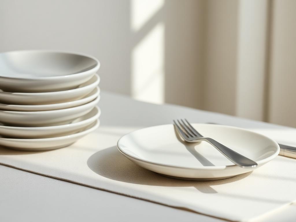 A stack of white stoneware plates beside a single place setting