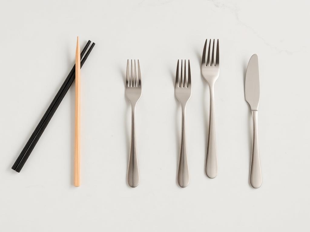 Chopsticks and specialty forks arranged on pale stone