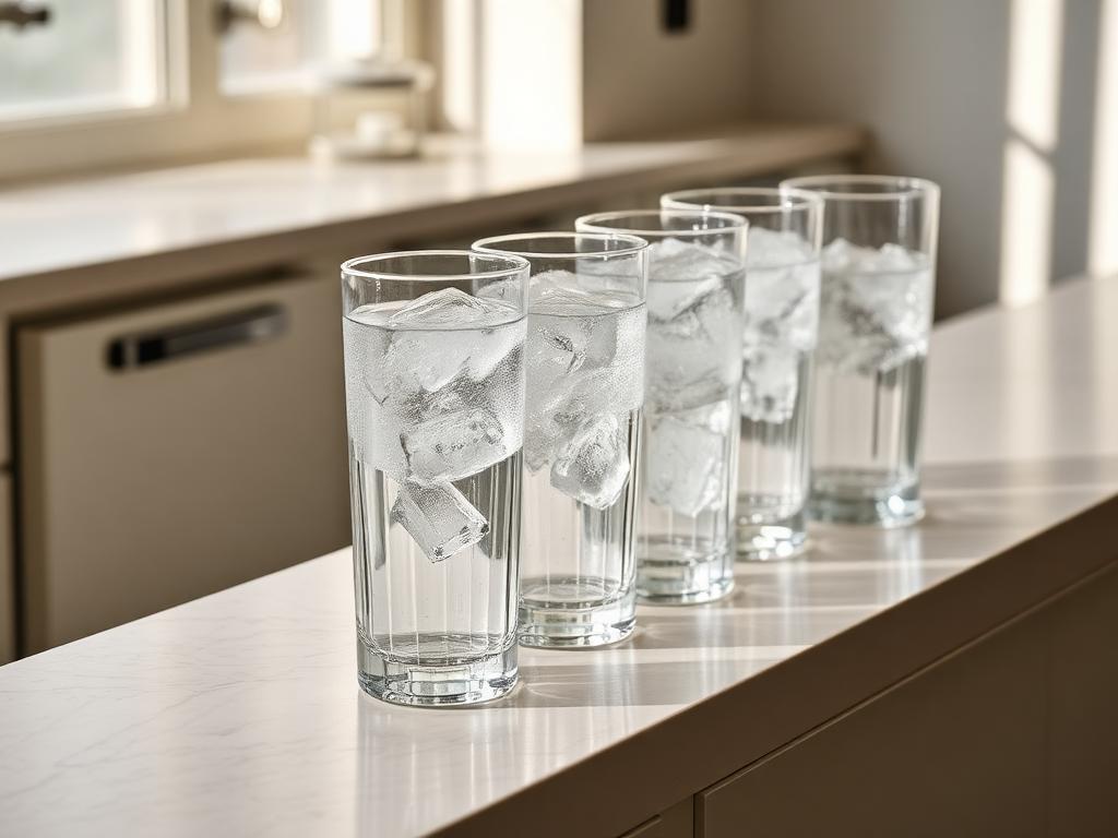 A row of highball tumblers filled with iced water
