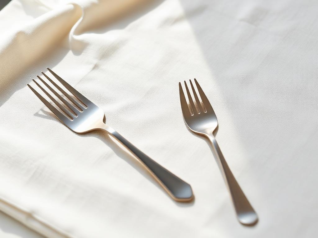 Serving forks and table utensils arranged on pale linen