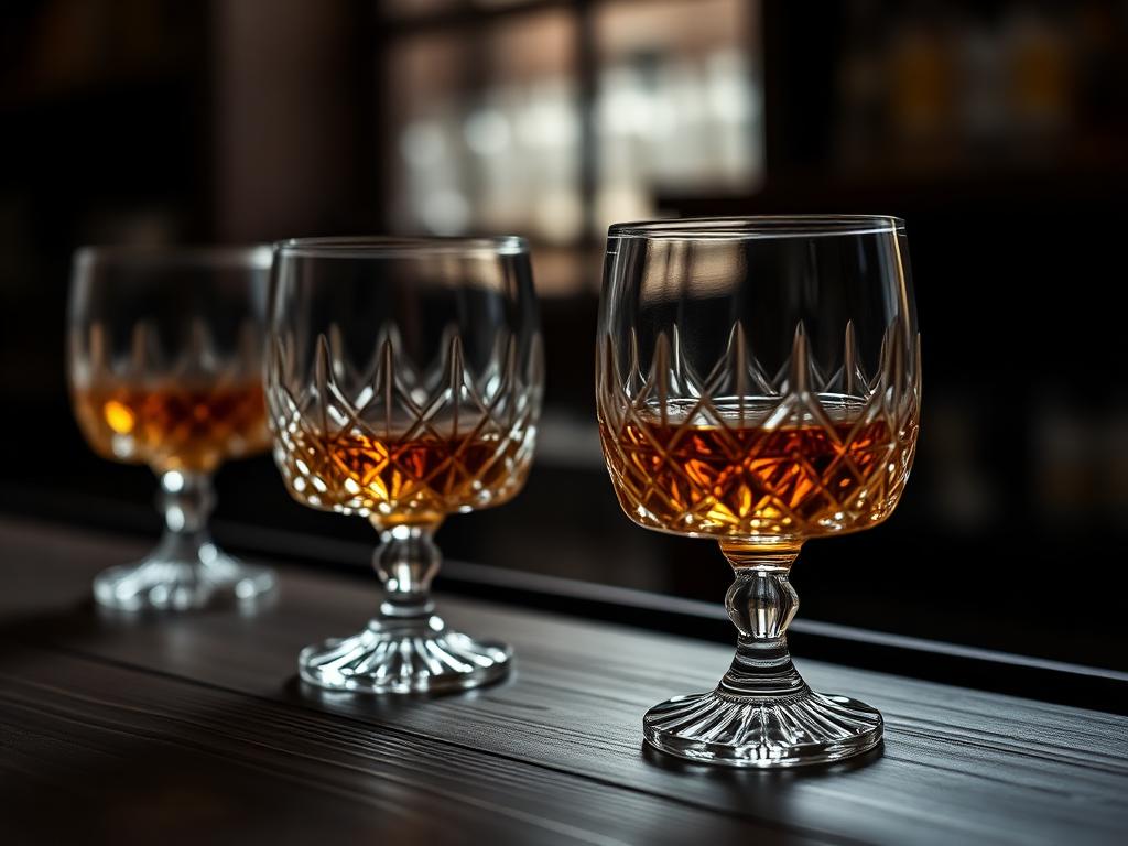 Cut crystal whisky tumblers with amber spirit on dark wood