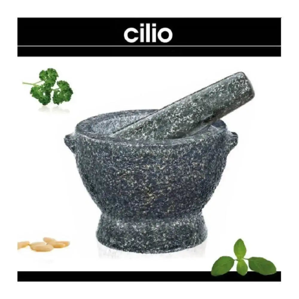 Mortar and pestle with herbs on a white background, featuring the brand 'cilio'.