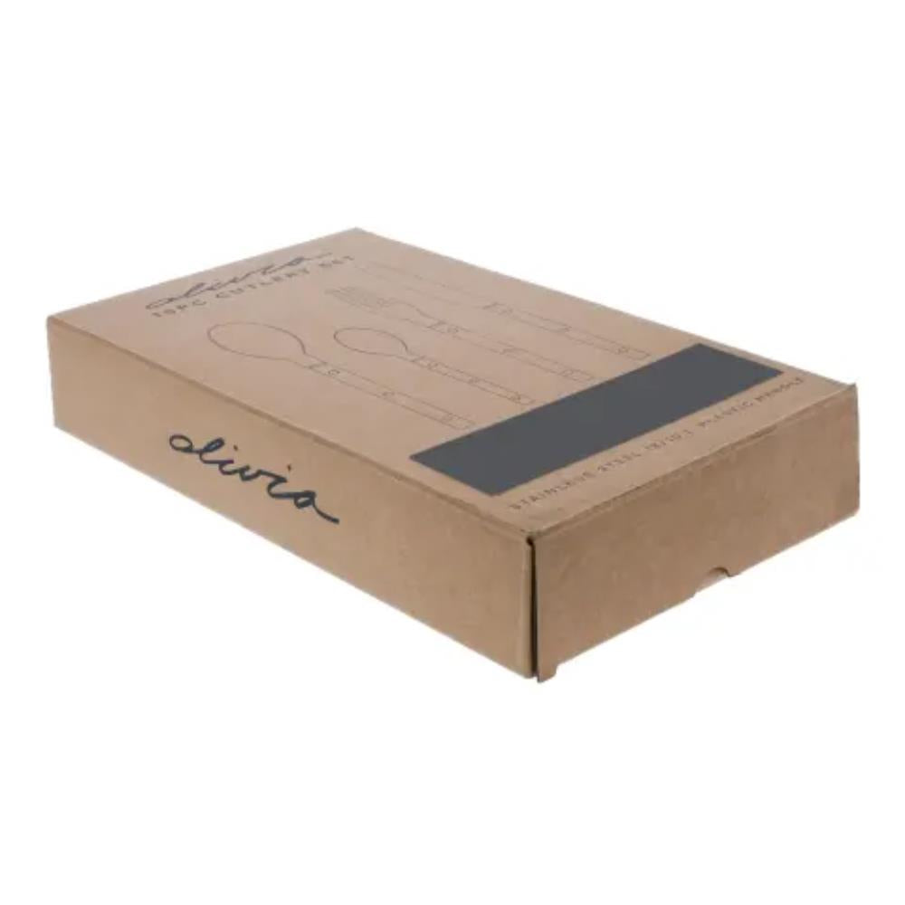 Cardboard box containing stainless steel cutlery set with utensil illustrations on lid