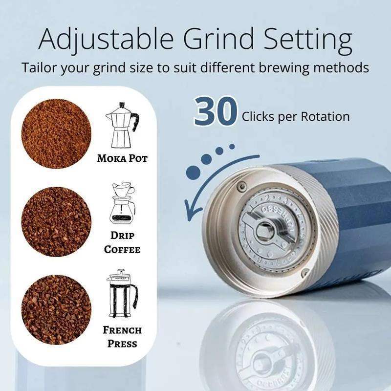 1Zpresso Q Air manual coffee grinder with adjustable grind settings for moka pot, drip coffee, and French press, featured on Cookin Stores.