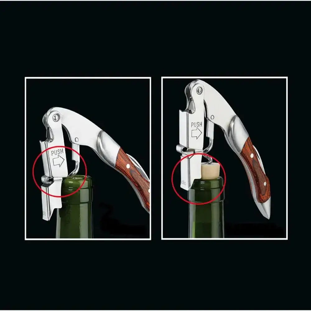 Double hinged wine bottle opener with wood handle opening bottle, Cookin Stores kitchenware