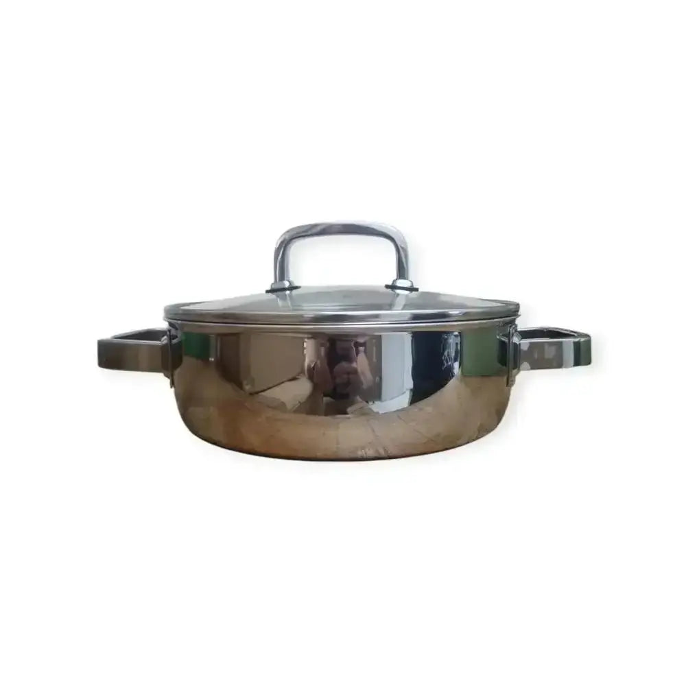 Stainless steel pot with a lid on a white background