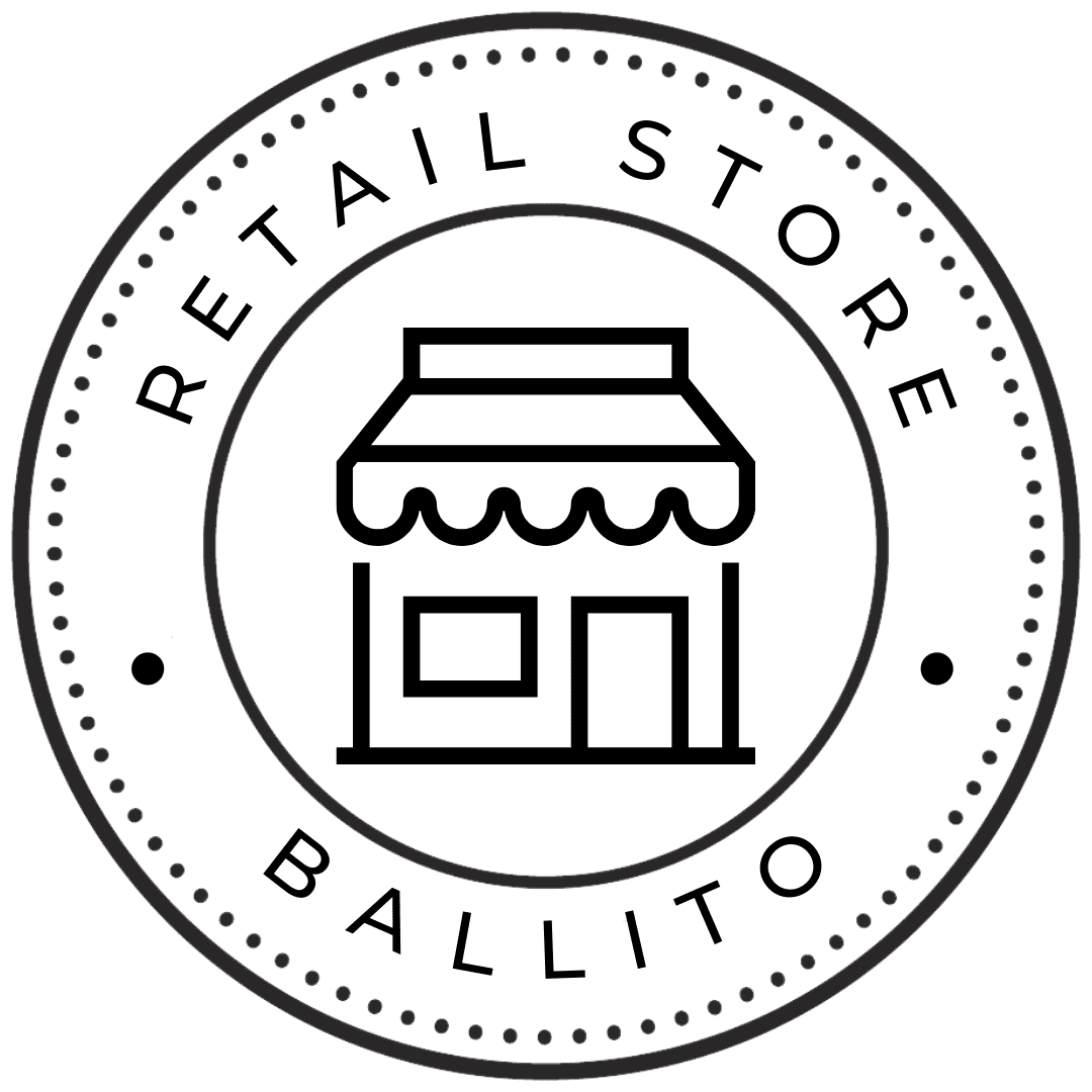 Retail store Ballito badge with outline shop icon, circular black and white design