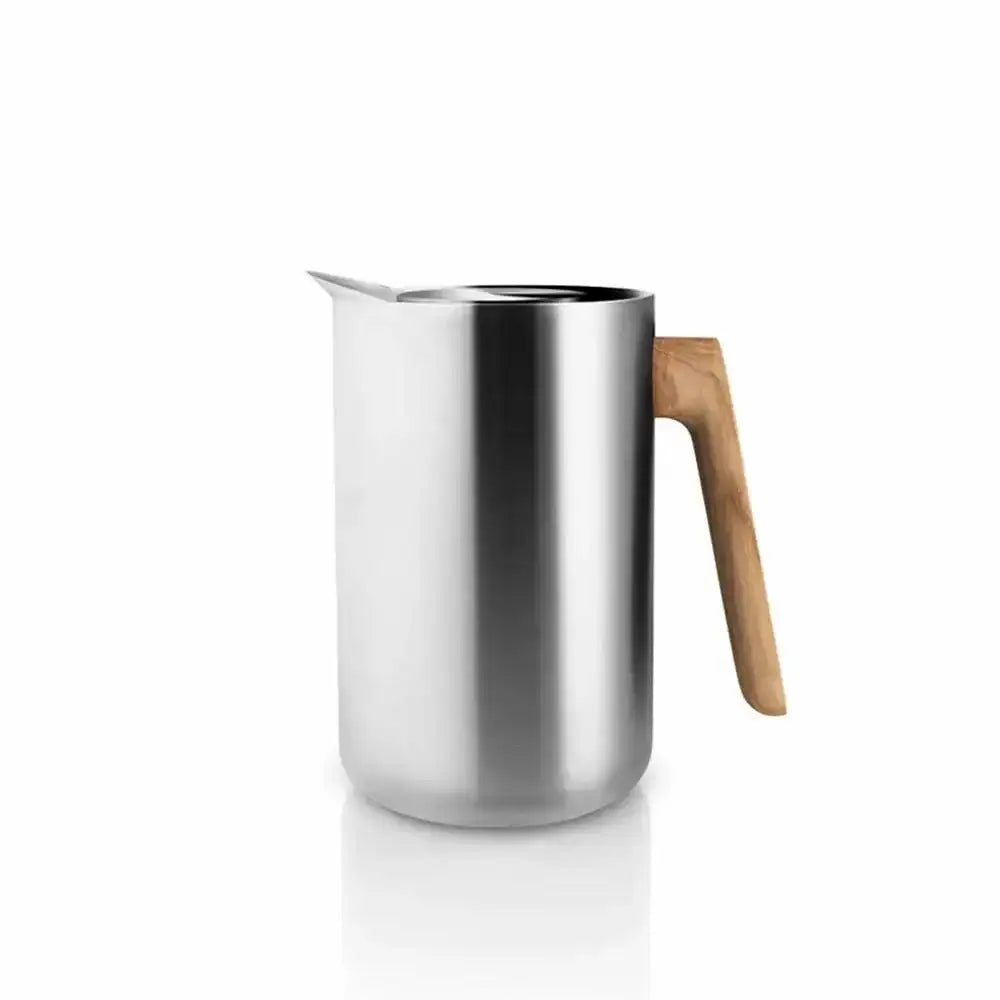 Stainless steel Nordic kitchen thermojug with wooden handle on white background, Cookin Stores kitchenware