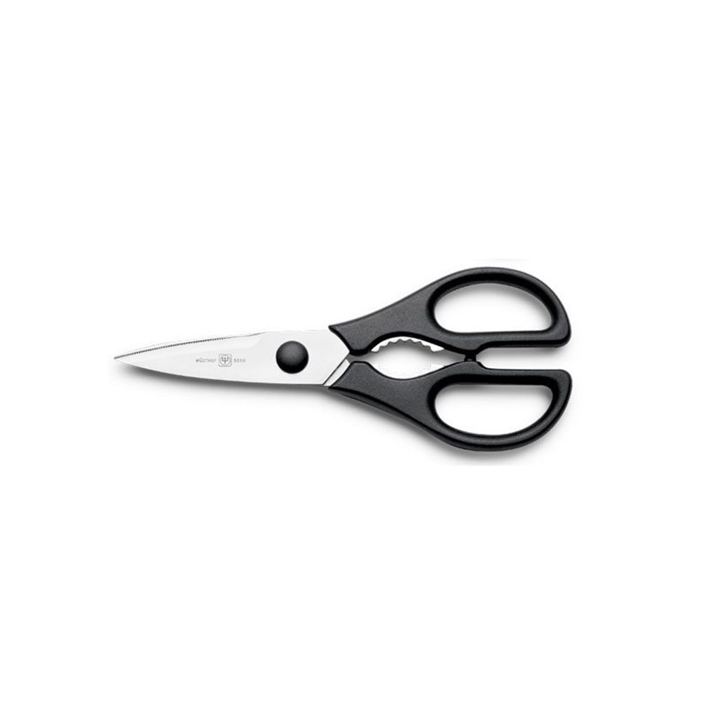 Pair of scissors with black handles on a white background