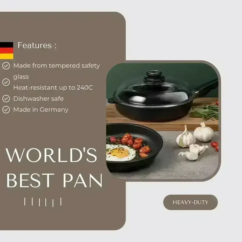 Black frying pan with food on a wooden cutting board, featuring text about pan's features.