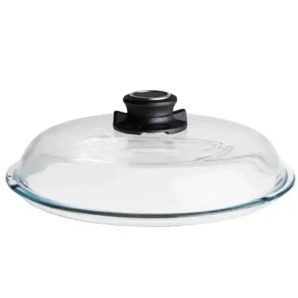 Clear glass lid with black handle on a white background