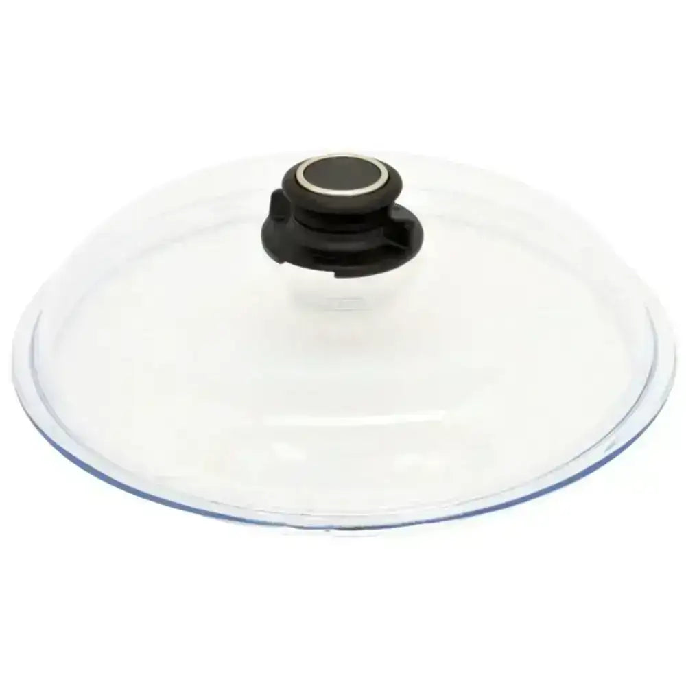 Clear glass lid with black handle on a white background