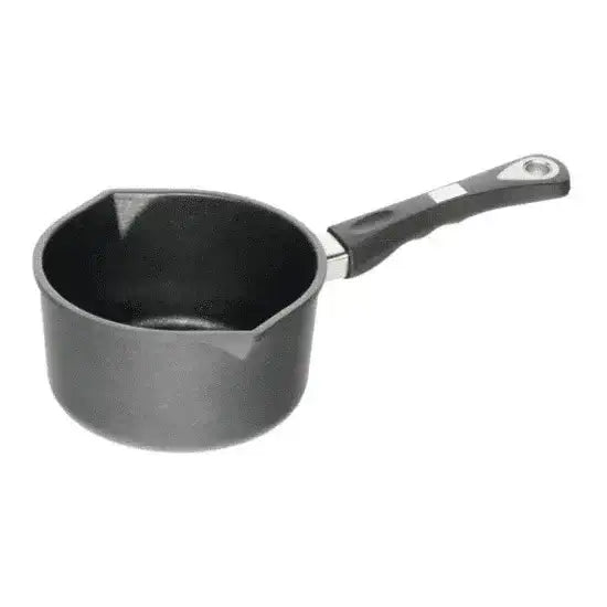 Black saucepan with a handle on a white background