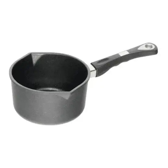 Black saucepan with a handle on a white background