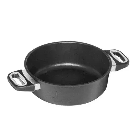 Black cast iron casserole dish with steel handles from Cookin Stores premium kitchenware