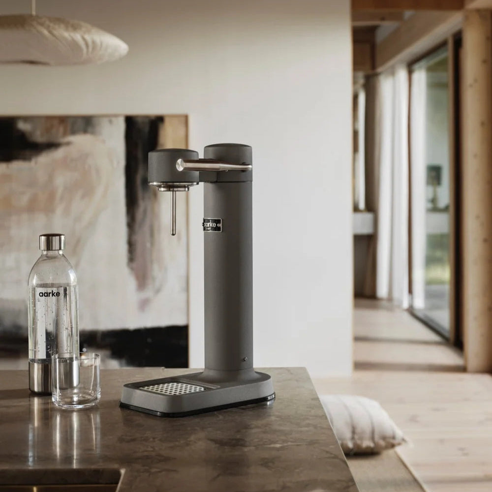 Aarke water carbonator on a kitchen counter 