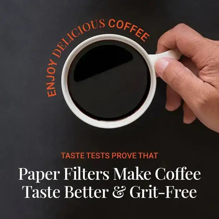 Hand holding a white coffee cup with text about paper filters and coffee taste on a black background