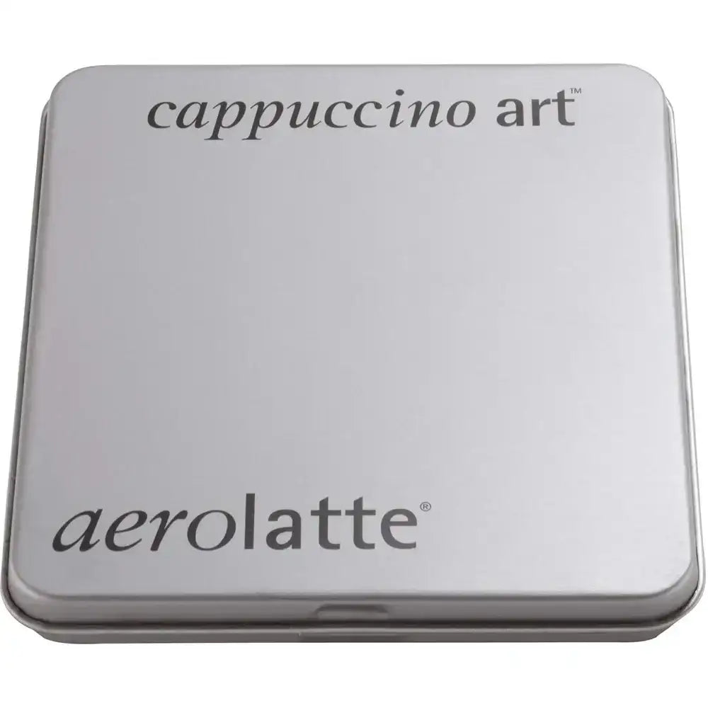 Silver rectangular container with 'cappuccino art' and 'aerolatte' branding on a white background