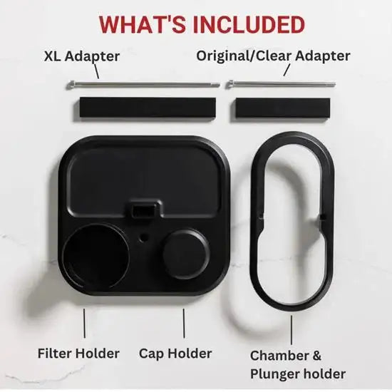 Aeropress compact organizer stand parts including adapters, filter holder, and cap holder from Cookin Stores.