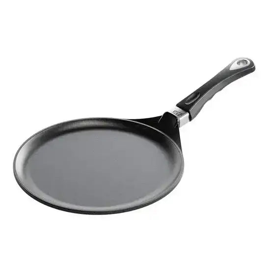 Black AMT Gastroguss non-stick crepe pan 28cm with ergonomic handle and sturdy metal construction for easy cooking