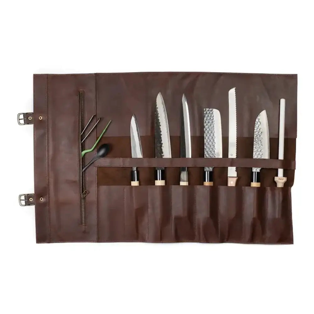 Set of knives in a brown roll-up case on a white background