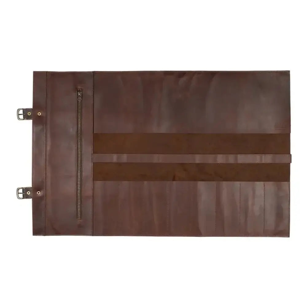 Brown leather clutch bag with a zipper on a white background