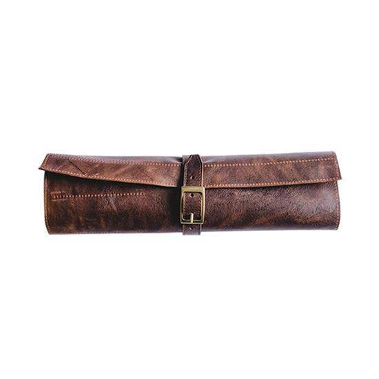 Brown leather roll with a buckle on a white background