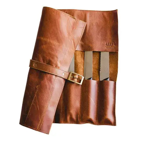 Brown leather quiver with arrows on a white background