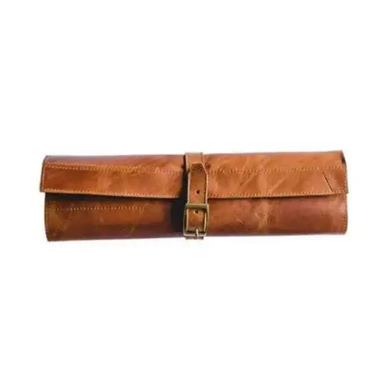 Brown leather roll with a buckle on a white background