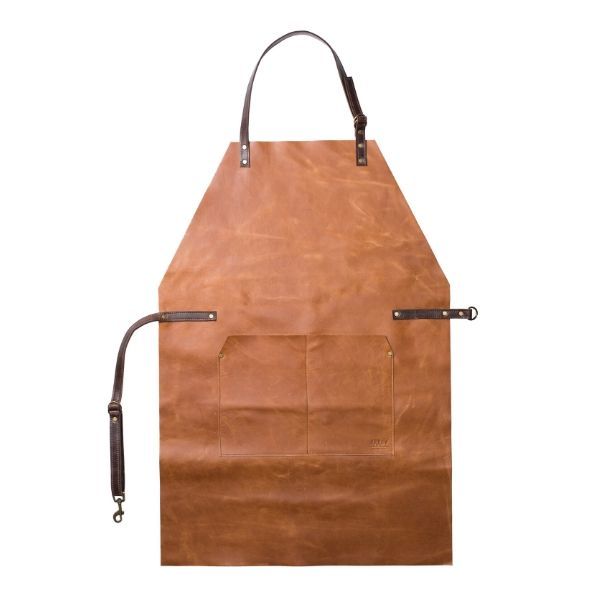 Tan Leather apron with adjustable straps on a white background