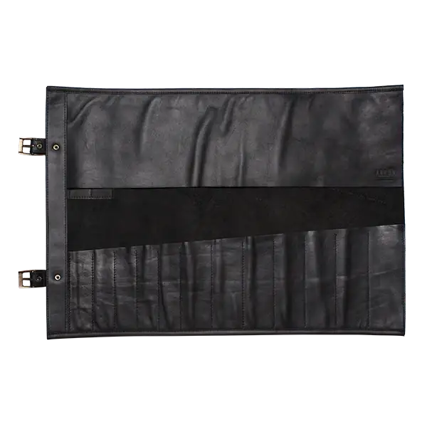 Black leather tool roll with multiple pockets on a white background