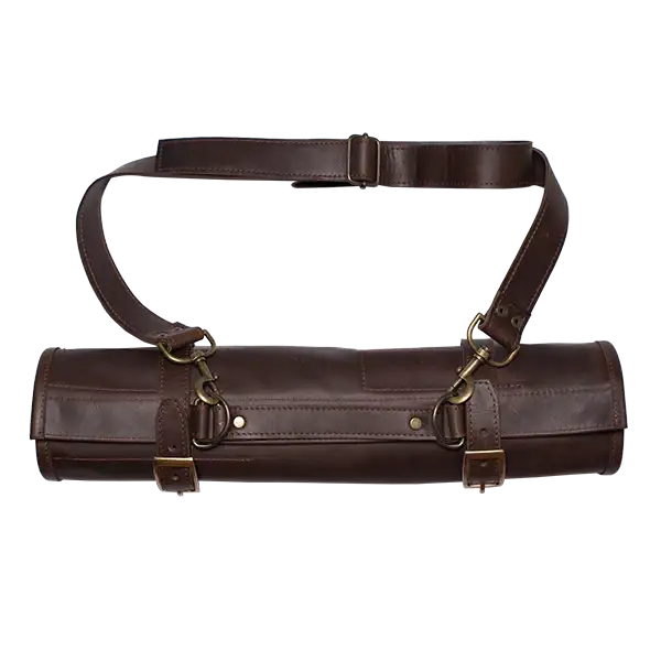 Brown leather tool roll with belt on a white background