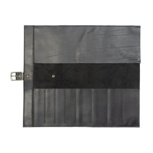 Black leather roll up bag with a silver buckle on a white background