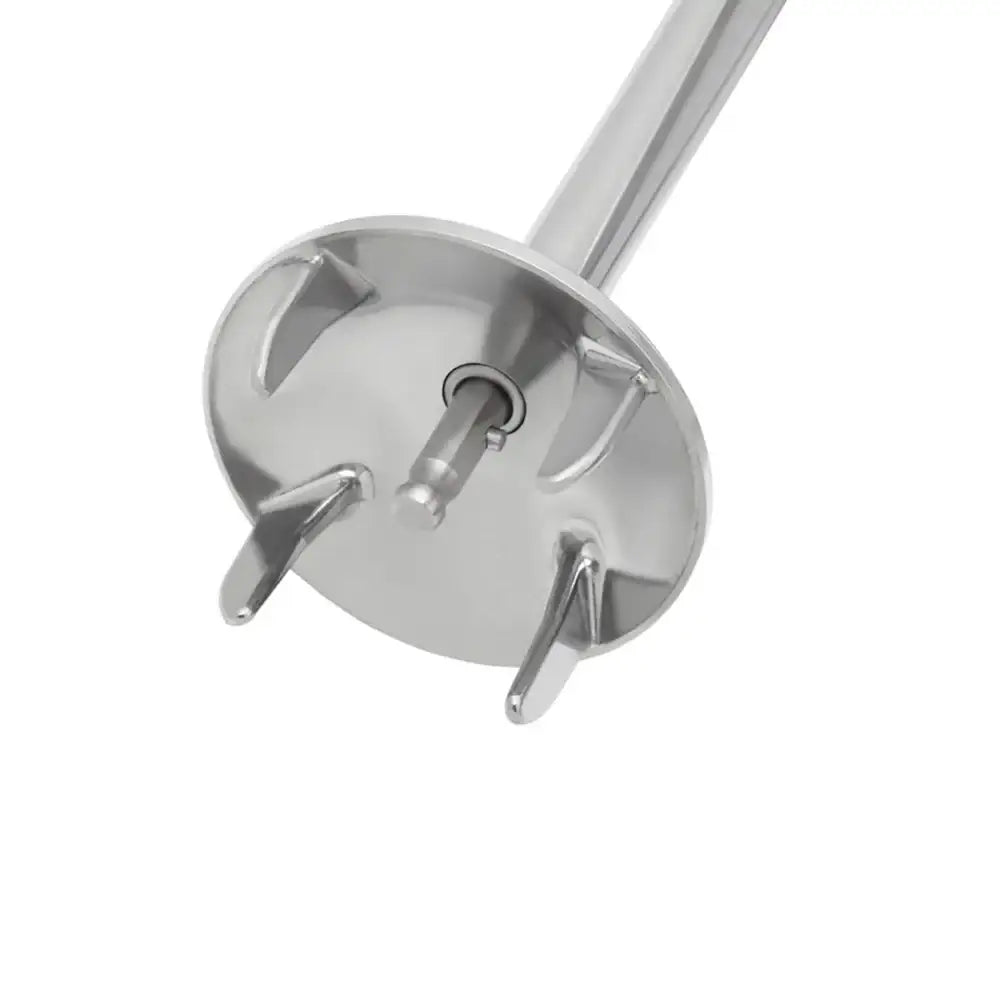 Stainless steel kitchen mixer attachment on a white background