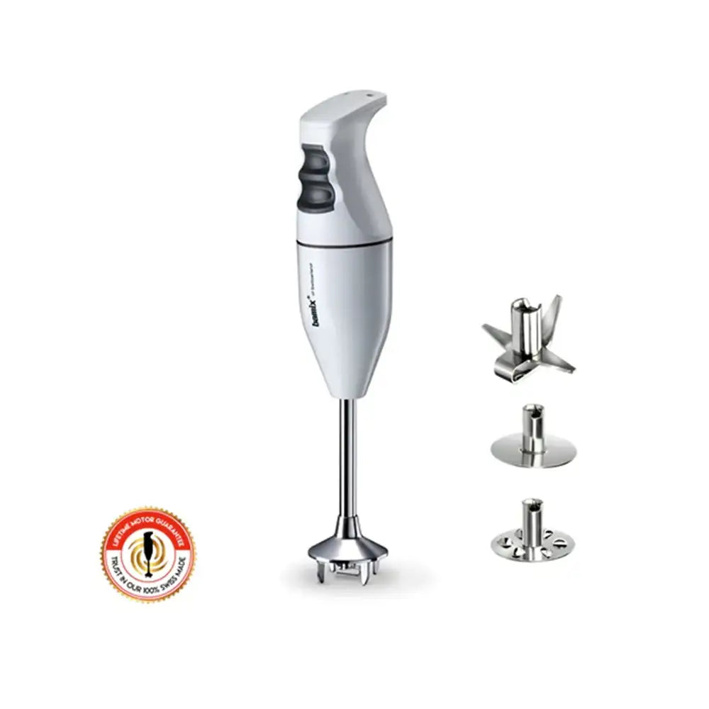 Hand blender with attachments on a white background