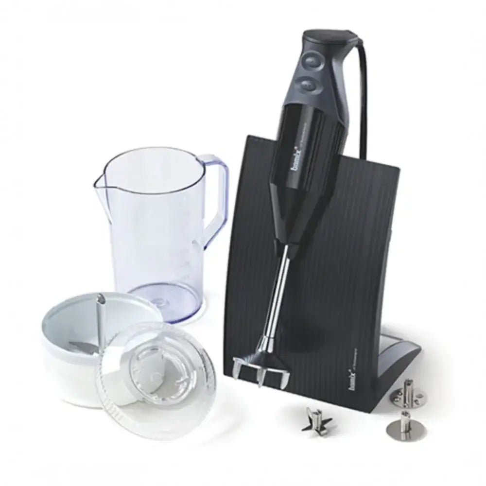 Hand blender with attachments on a white background