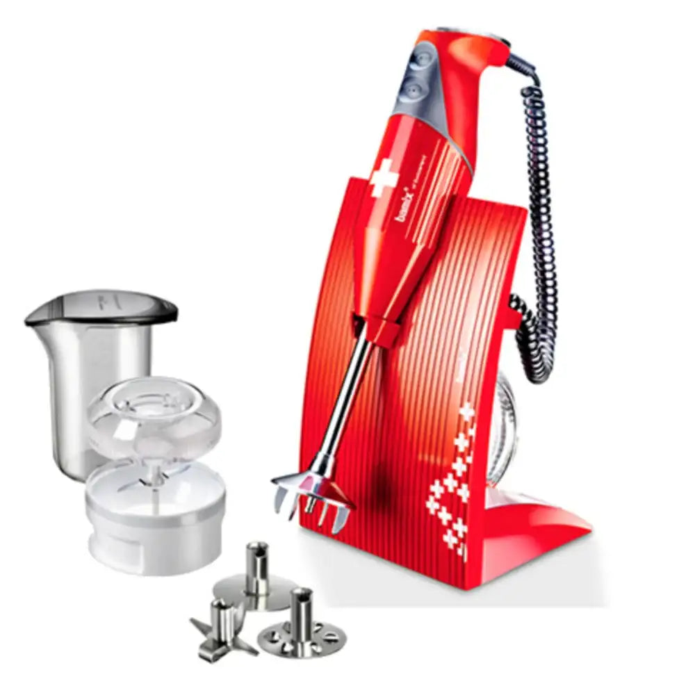 Red hand blender with attachments on a white background