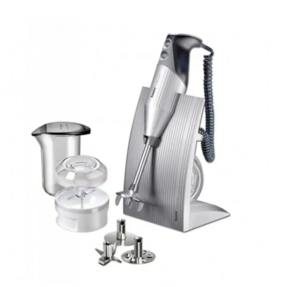 Handheld blender with attachments on a white background