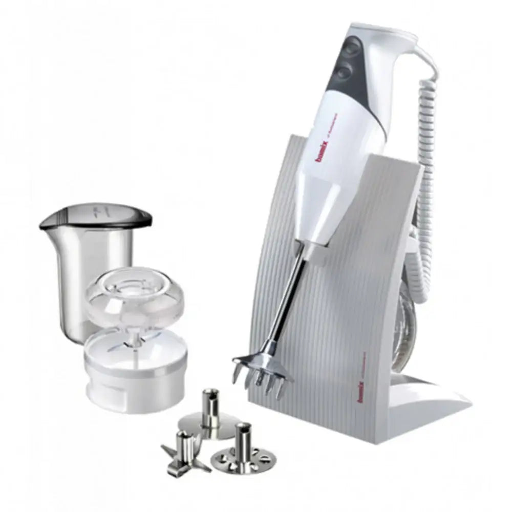 Hand mixer with attachments on a white background