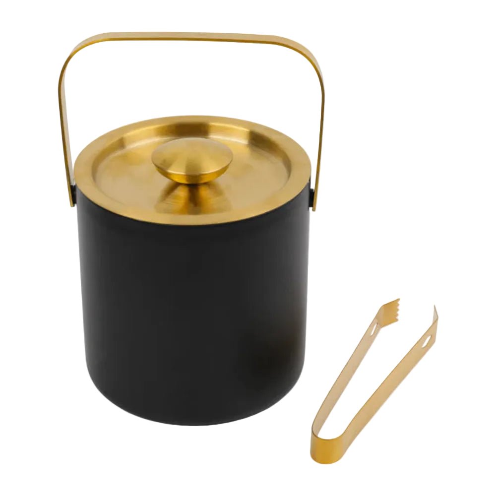 Black ice bucket with gold lid and tongs on a white background
