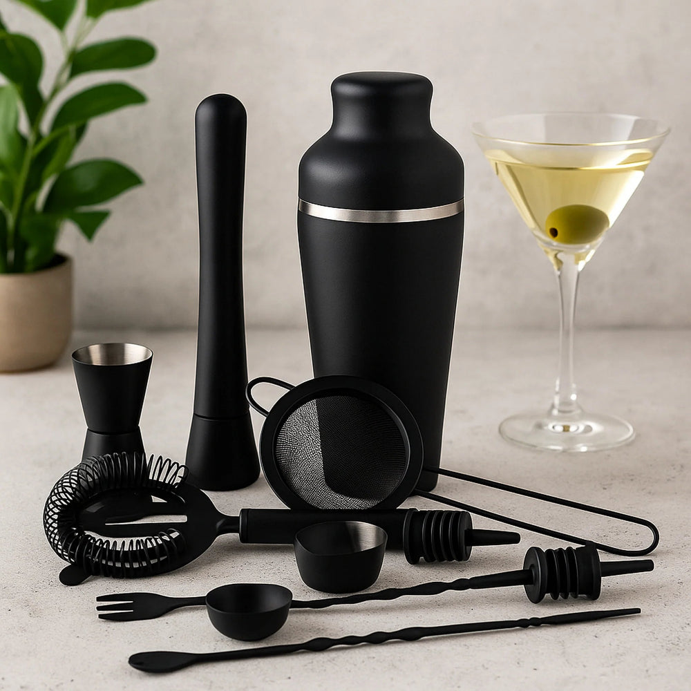 Matte black cocktail set in a clean white kitchen setting with a martini and a plant in the background