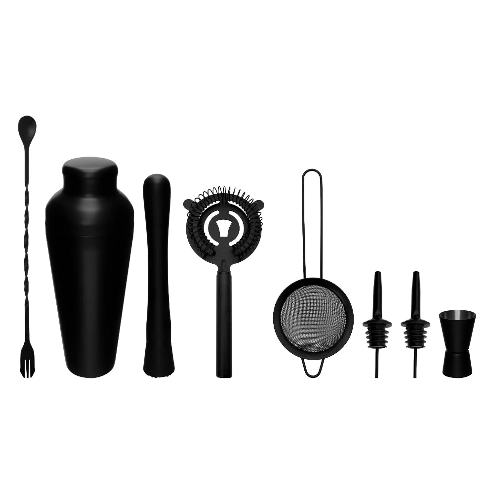 Matte black cocktail set on a white background