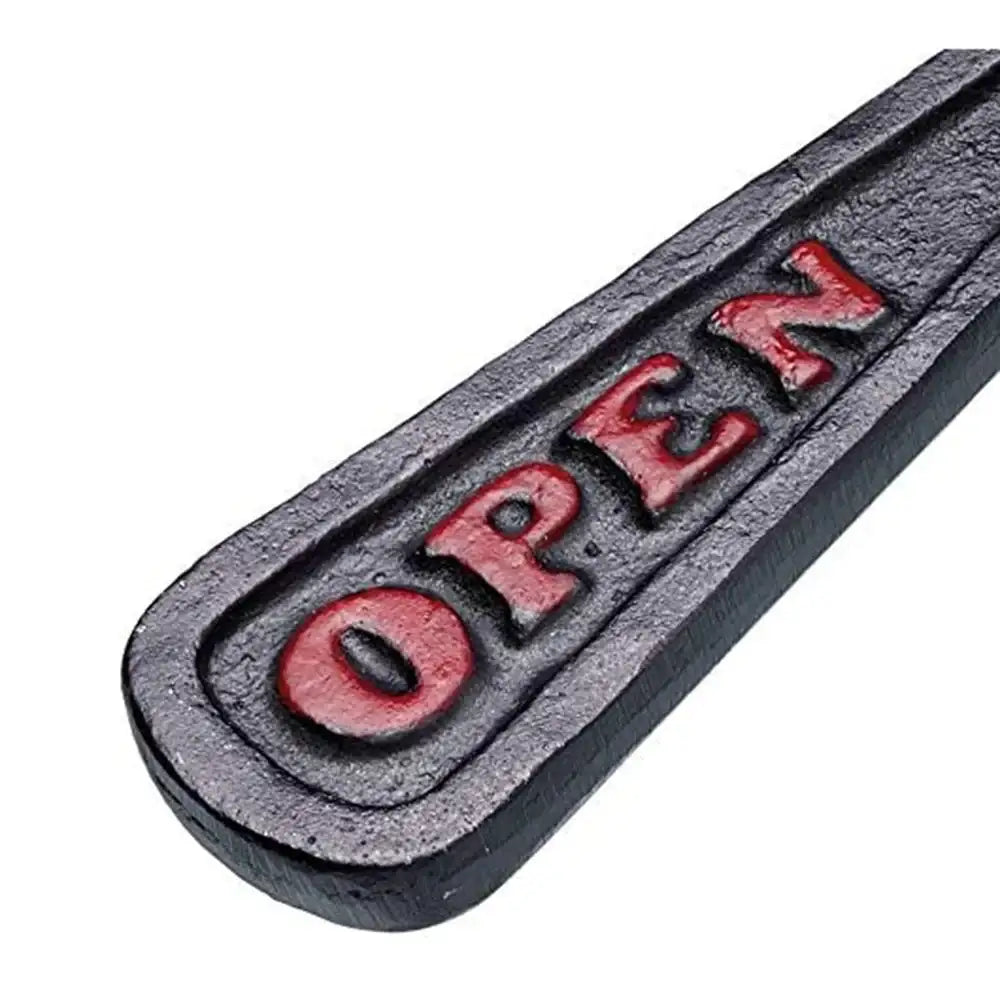Decorative metal sign with 'OPEN' in red on a white background