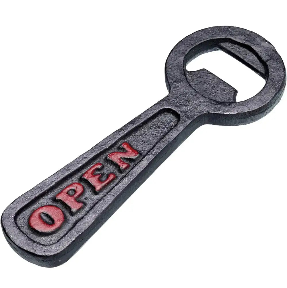 Black bottle opener with 'OPEN' text on a white background