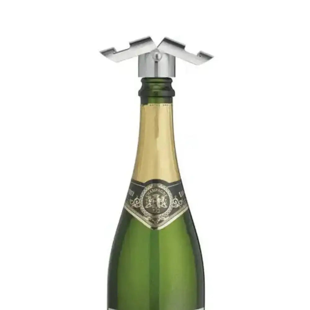 Green champagne bottle with a silver bottle opener on a white background