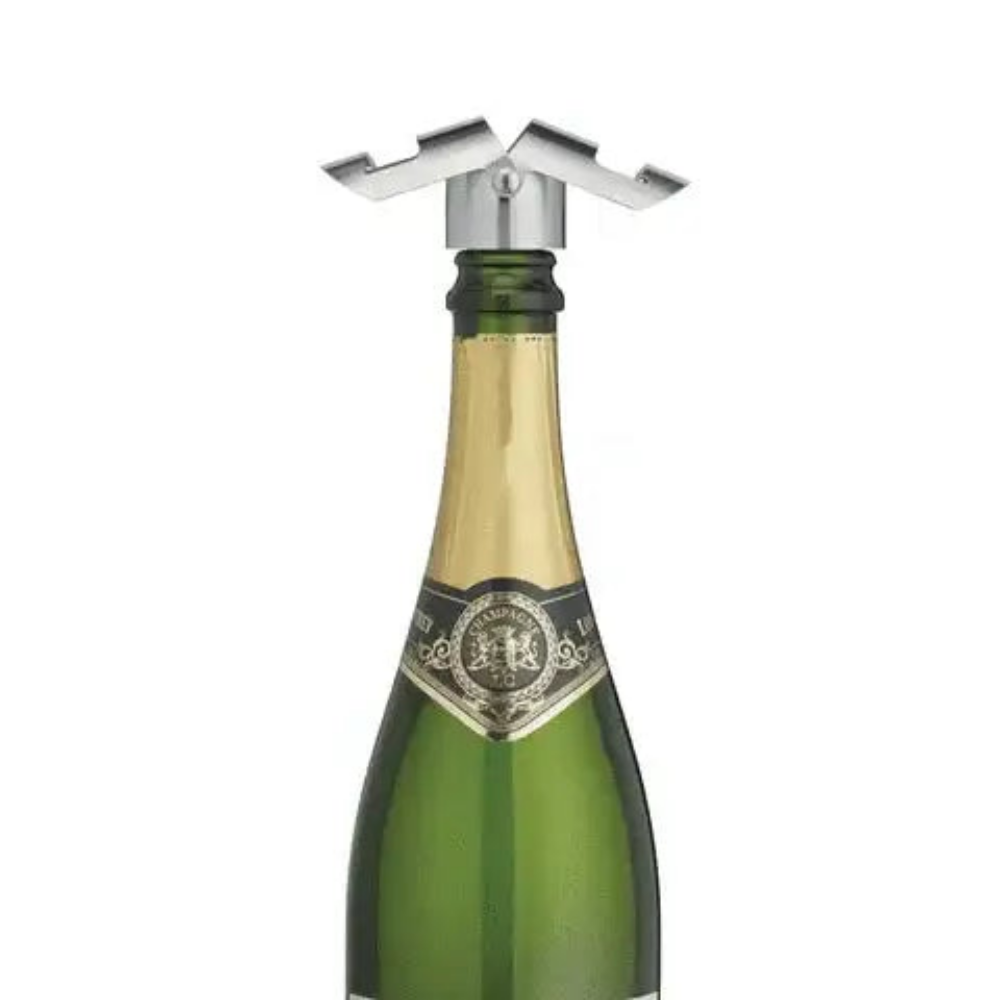Green champagne bottle with a silver bottle opener on a white background