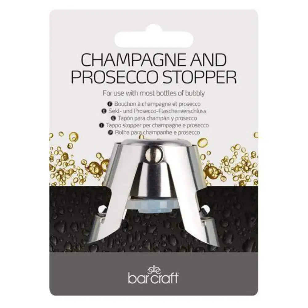 Champagne and prosecco stopper packaging with barcraft branding on a white background