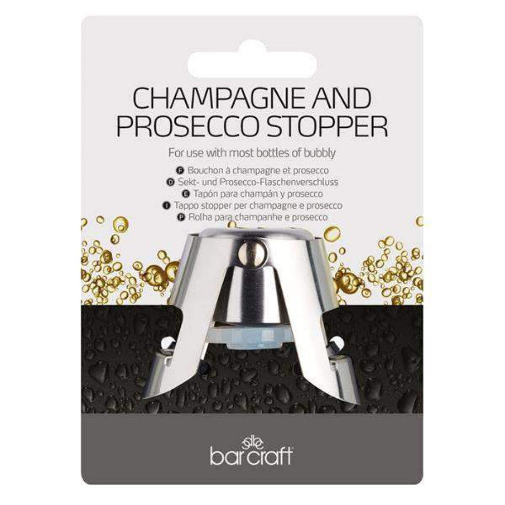 Champagne and prosecco stopper packaging with barcraft branding on a white background